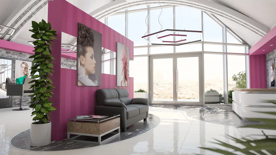 Moderner Friseursalon mit pinkfarbenen Wänden, schwarzem Sofa und großer Fensterfront.