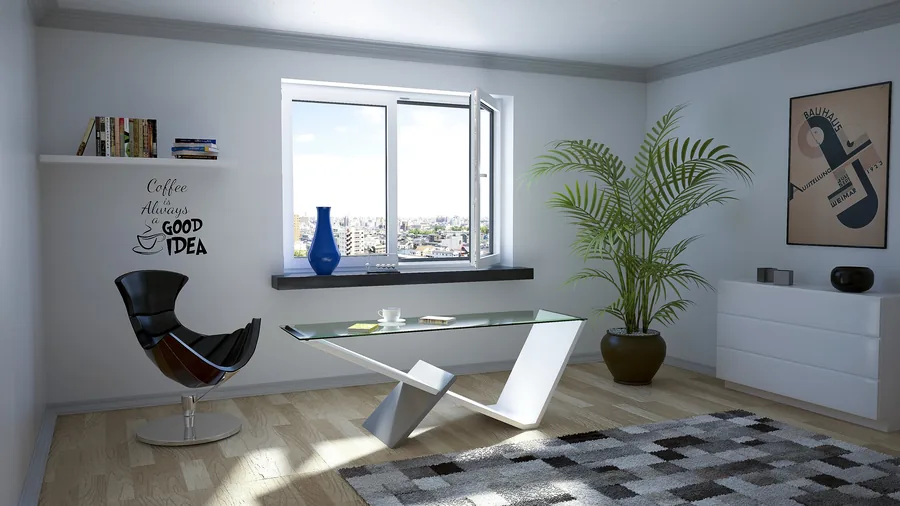 Arbeitszimmer mit hellem Fenster, Designersessel, Schreibtisch und Zimmerpflanze.