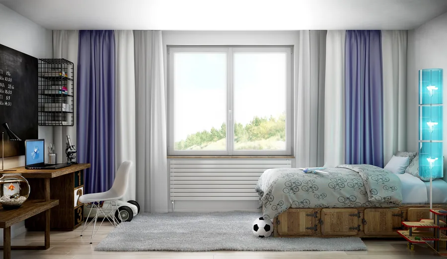 Jugendzimmer mit breitem Fenster, blauen Vorhängen und geöffnetem Rollladen.