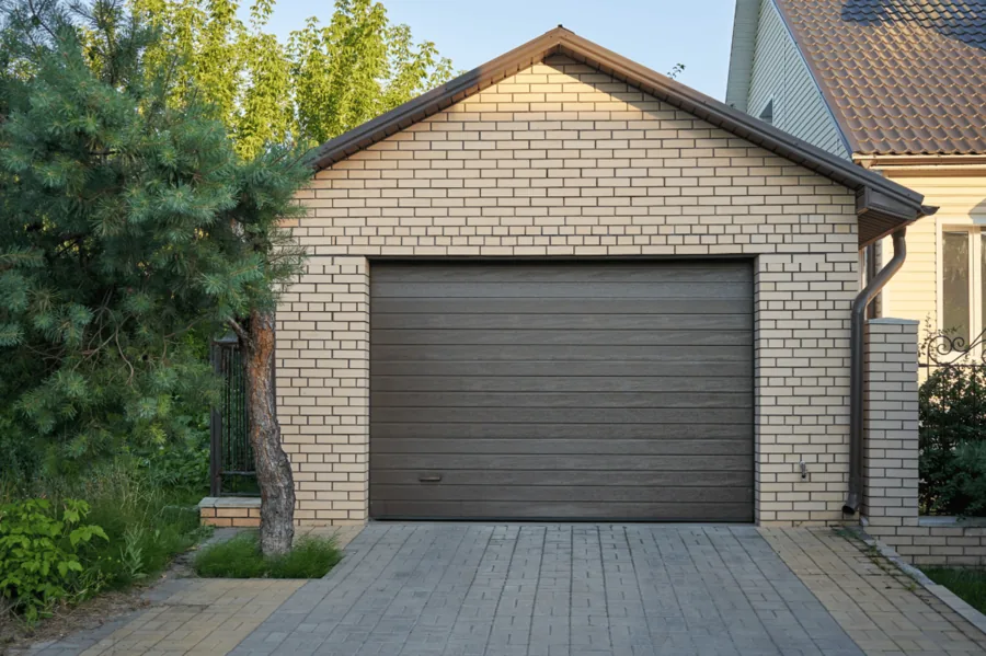 Anthrazitfarbenes Garagentor an einer Klinkergarage mit Zufahrt aus Holz.