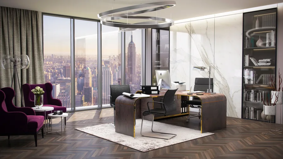 Arbeitszimmer mit Fensterfront, Schreibtisch und Bücherwand.