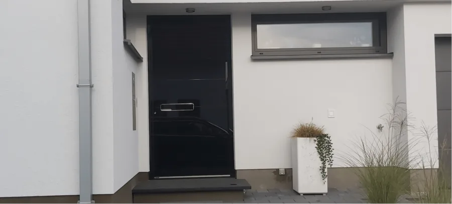 Eine moderne schwarze Haustür mit horizontalen Linien und einem Briefschlitz, neben einem hohen weißen Pflanzgefäß mit Grünpflanzen.