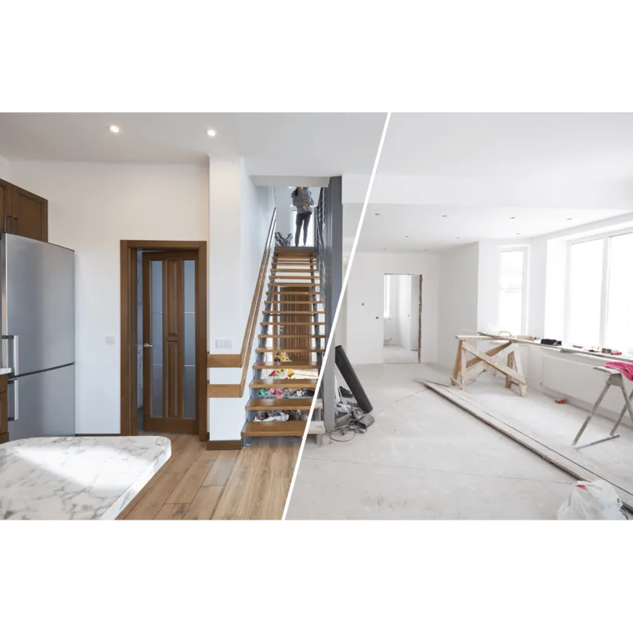 Ein Vorher-Nachher-Vergleich zeigt einen Flur mit Treppe, von einer Baustelle zu einem fertig eingerichteten Wohnbereich.