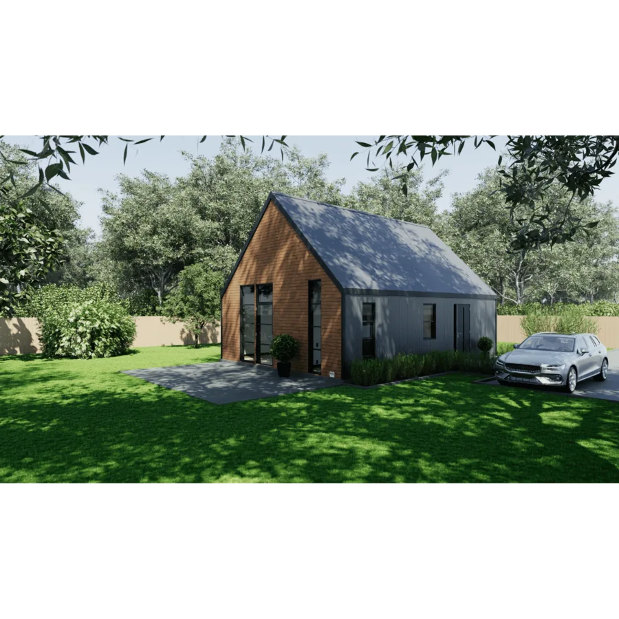 Modernes, kleines Haus mit Holz- und dunkler Verkleidung, umgeben von Bäumen und Rasen, mit einem Auto auf der Einfahrt.