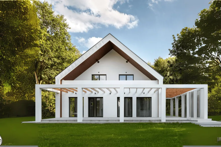 Weißes Haus mit Satteldach und angebauter Pergola vor Bäumen.