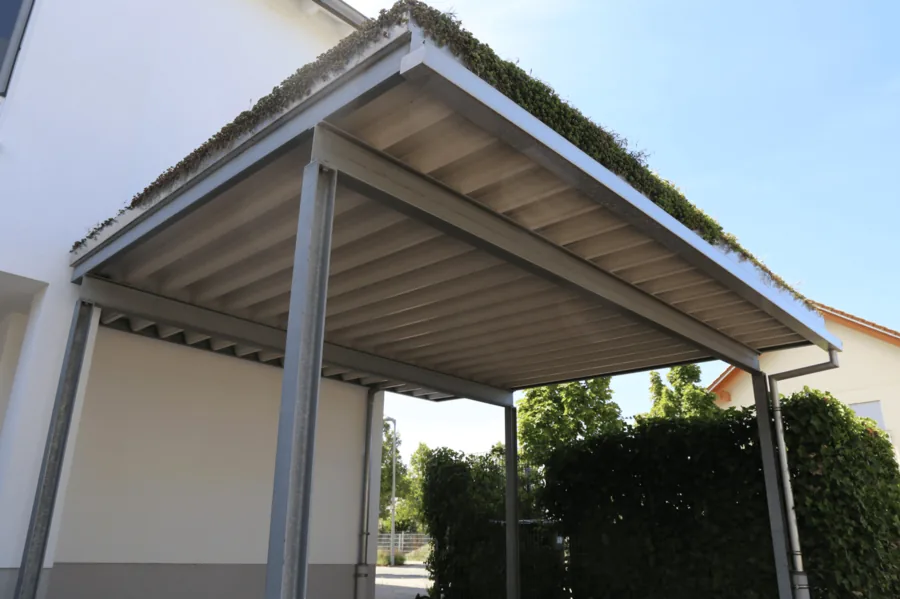 Vordach aus Metall über einem Hauseingang mit Blick in den Garten.